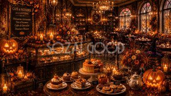 ハロウィンのパティスリーカフェ背景【無料・高画質PNG】おしゃれな背景イラスト94085