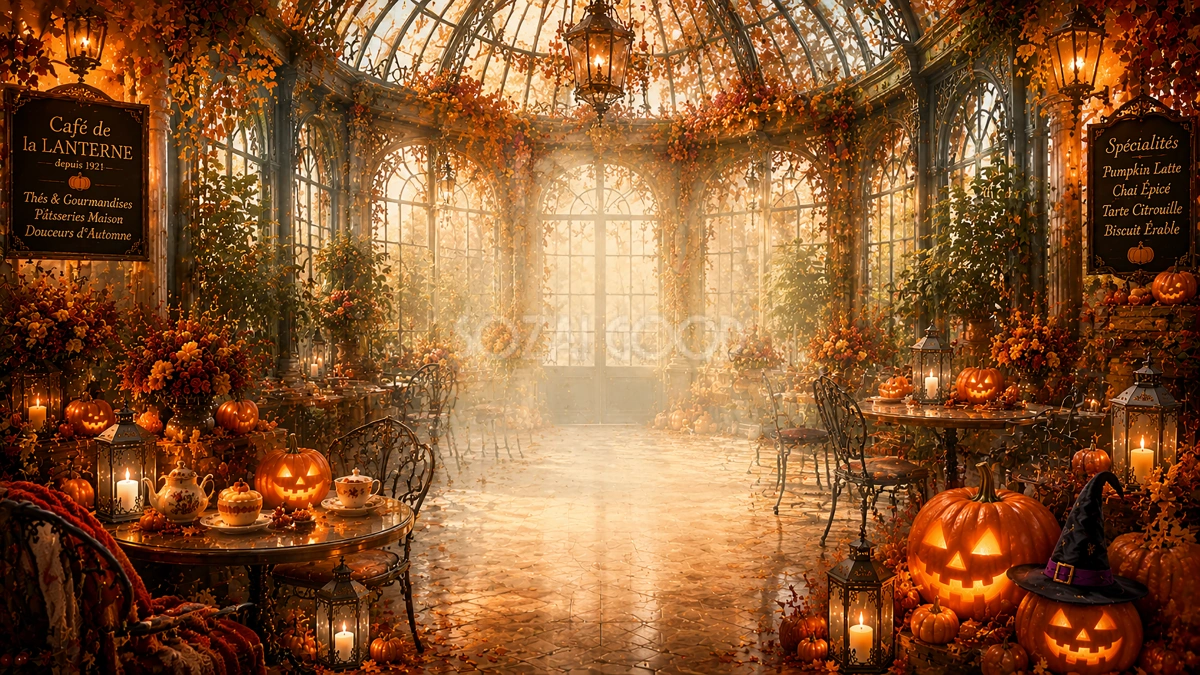 ハロウィンのガラス温室カフェ背景【無料・高画質PNG】おしゃれな背景イラスト94086
