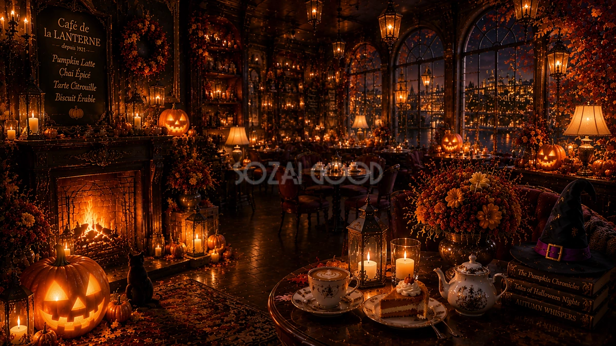 ハロウィンの夜カフェ背景【無料・高画質PNG】おしゃれな背景イラスト94087