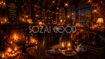 ハロウィンの夜カフェ背景【無料・高画質PNG】おしゃれな背景イラスト94087