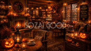 ハロウィンの北欧カフェ背景【無料・高画質PNG】おしゃれな背景イラスト94088