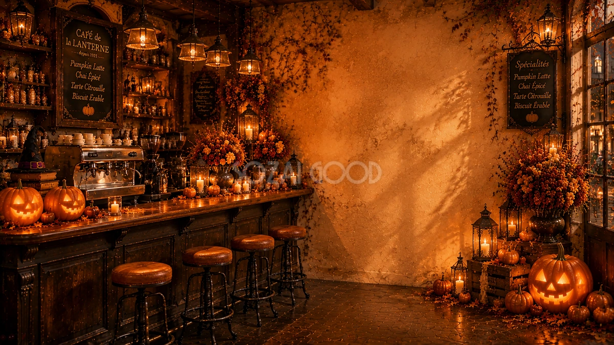 ハロウィンのカウンターカフェ背景【無料・高画質PNG】おしゃれな背景イラスト94089