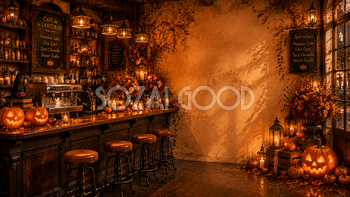 ハロウィンのカウンターカフェ背景【無料・高画質PNG】おしゃれな背景イラスト94089