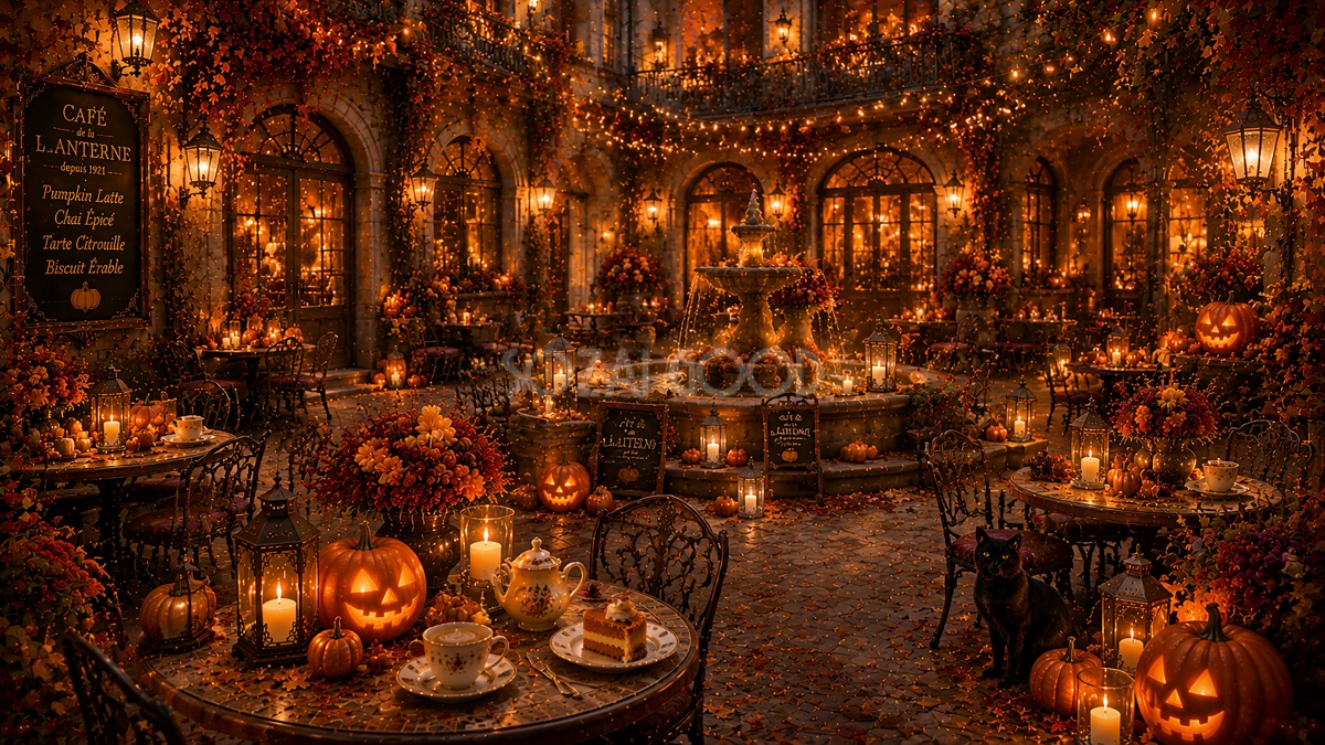 ハロウィンの中庭カフェ背景【無料・高画質PNG】おしゃれな背景イラスト94090