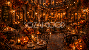 ハロウィンの中庭カフェ背景【無料・高画質PNG】おしゃれな背景イラスト94090