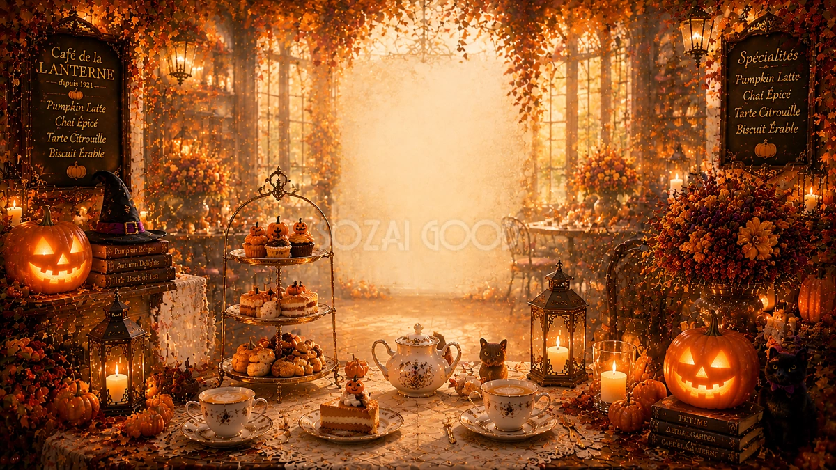 ハロウィンのアフタヌーンティー背景【無料・高画質PNG】おしゃれな背景イラスト94091
