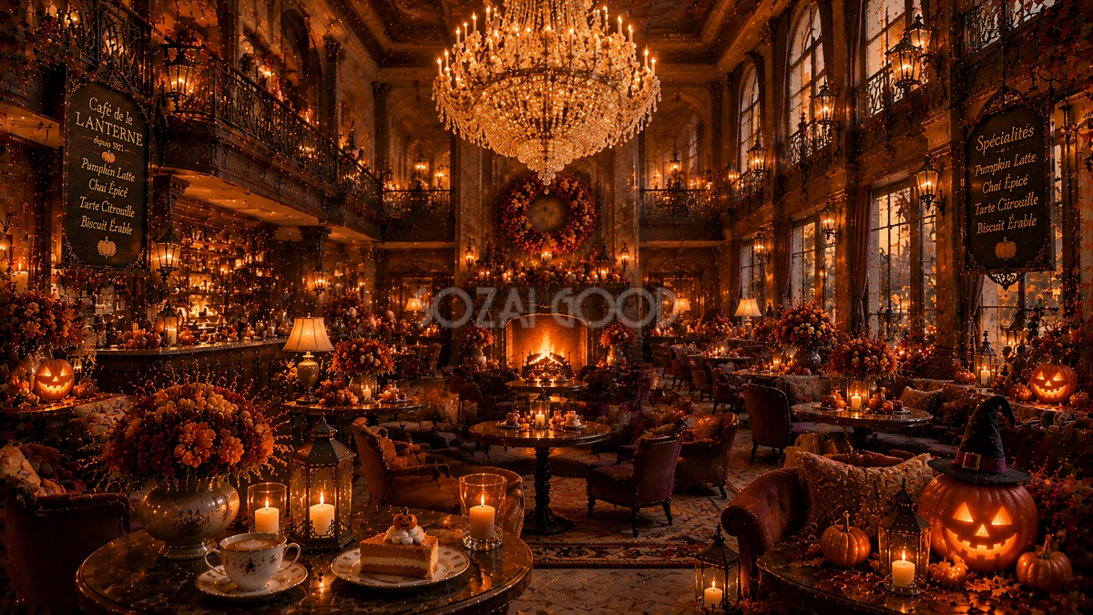 ハロウィンのプレミアムカフェホール背景【無料・高画質PNG】おしゃれな背景イラスト94092