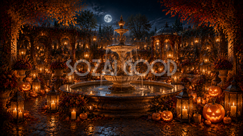 ハロウィンの噴水庭園背景【無料・高画質PNG】94096