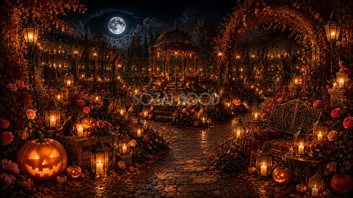 ハロウィンのローズガーデン背景【無料・高画質PNG】94097