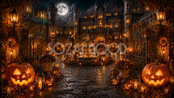 ハロウィンの古城中庭背景【無料・高画質PNG】94100