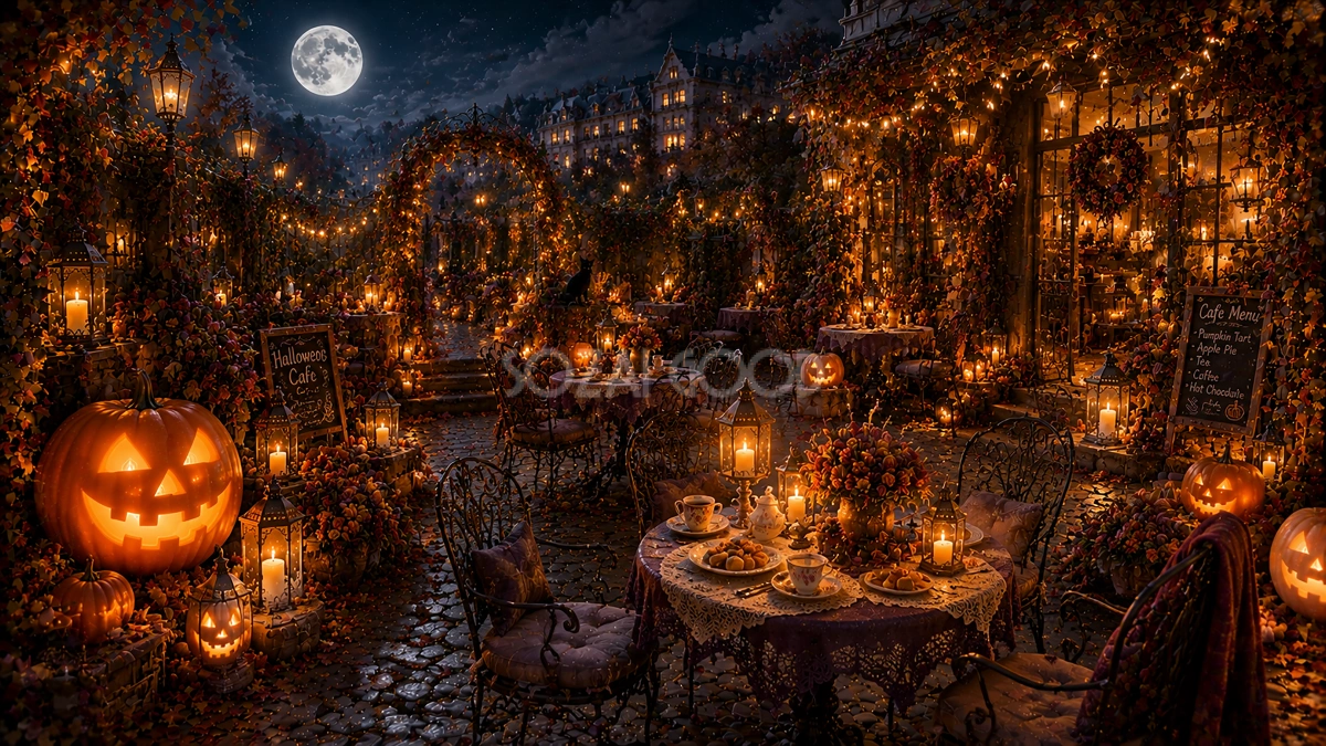 ハロウィンのガーデンカフェ背景【無料・高画質PNG】94101