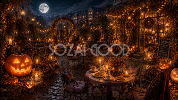 ハロウィンのガーデンカフェ背景【無料・高画質PNG】94101