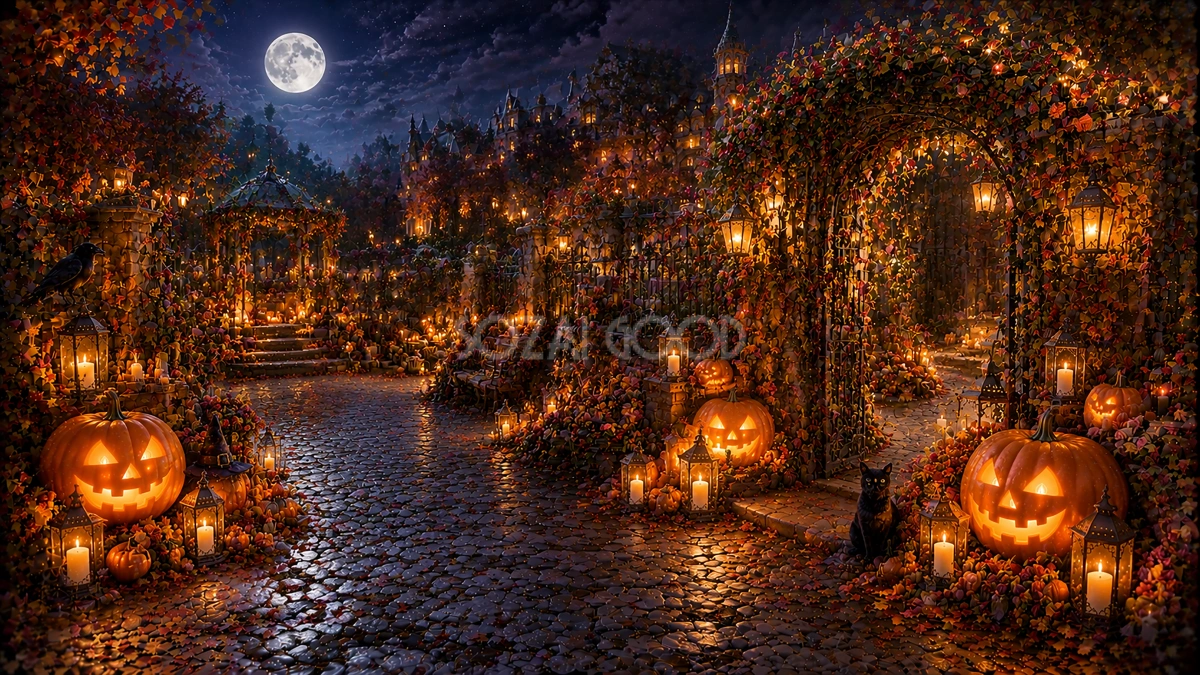 ハロウィンのガーデンアーチ背景【無料・高画質PNG】94102