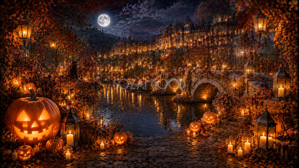 ハロウィンの湖畔庭園背景【無料・高画質PNG】94103
