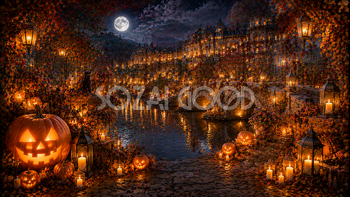 ハロウィンの湖畔庭園背景【無料・高画質PNG】94103