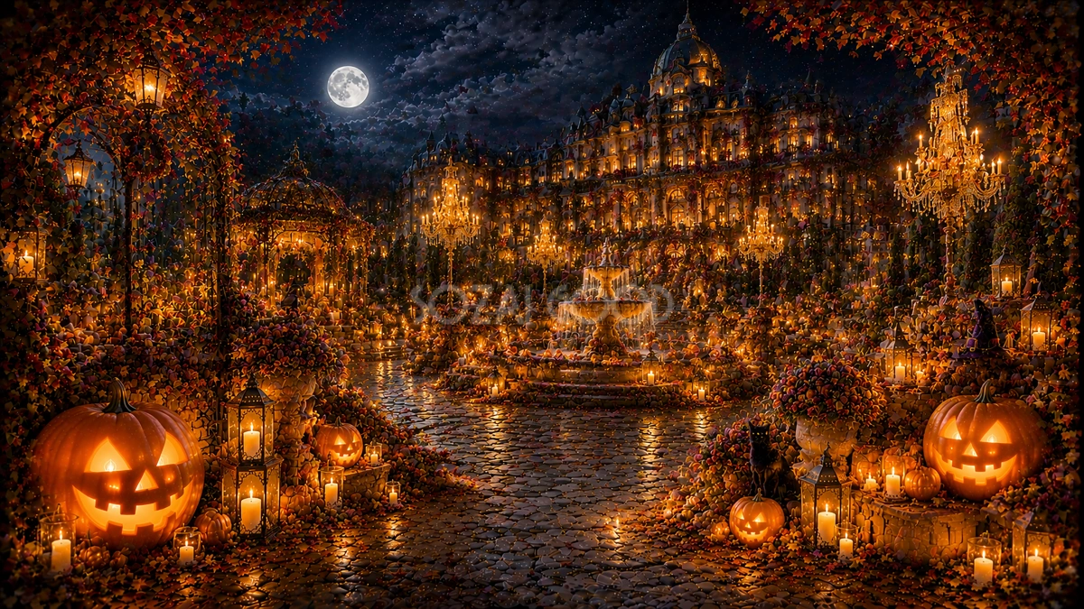 ハロウィンのプレミアムナイトガーデン背景【無料・高画質PNG】94105