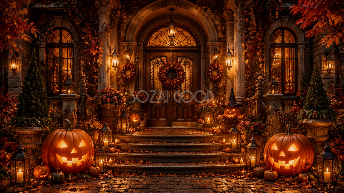 ハロウィンの高級住宅玄関背景【無料・高画質PNG】94107