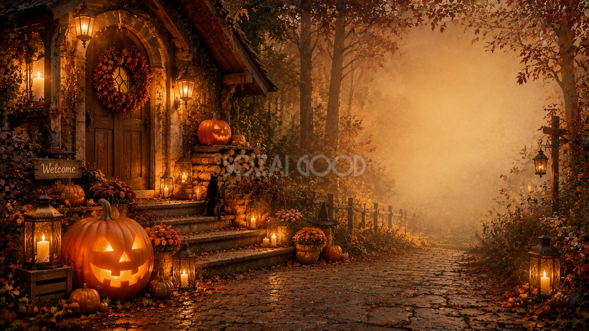 森のコテージ風ハロウィン玄関背景【無料・高画質PNG】94110