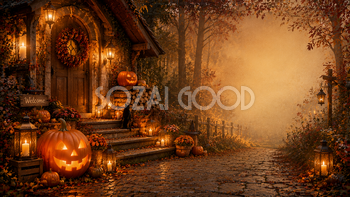 森のコテージ風ハロウィン玄関背景【無料・高画質PNG】94110