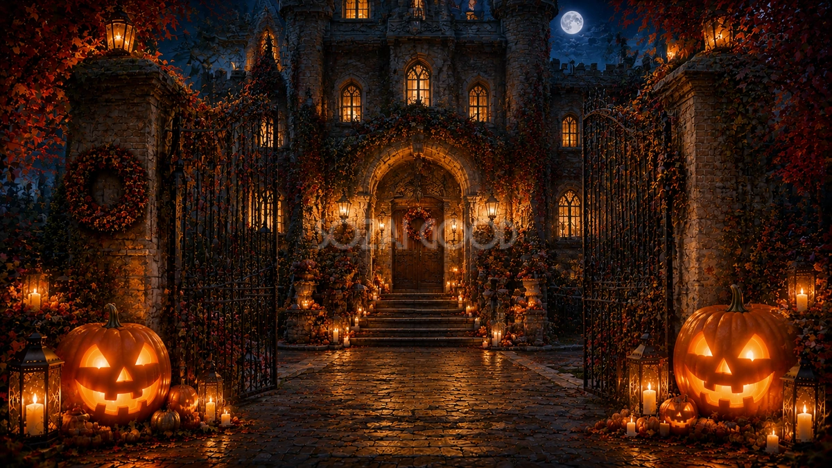 古城風ハロウィンエントランス背景【無料・高画質PNG】94111