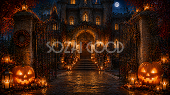 古城風ハロウィンエントランス背景【無料・高画質PNG】94111