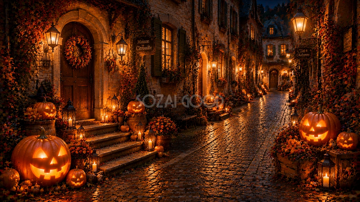 ヨーロッパ街角のハロウィン玄関背景【無料・高画質PNG】94113