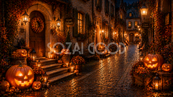 ヨーロッパ街角のハロウィン玄関背景【無料・高画質PNG】94113