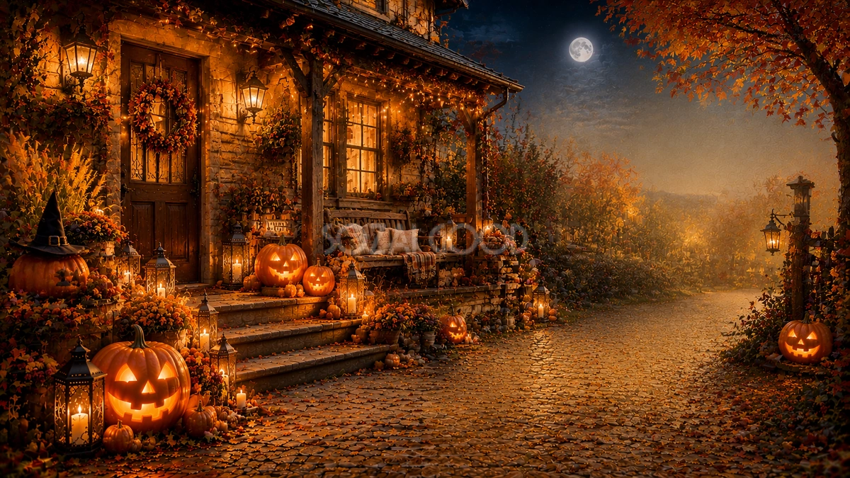 カントリーハウスのハロウィン玄関背景【無料・高画質PNG】94114