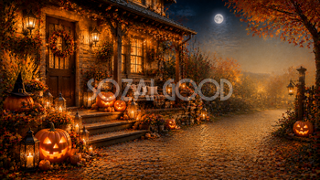 カントリーハウスのハロウィン玄関背景【無料・高画質PNG】94114