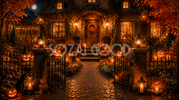 庭付き住宅のハロウィン玄関背景【無料・高画質PNG】94115