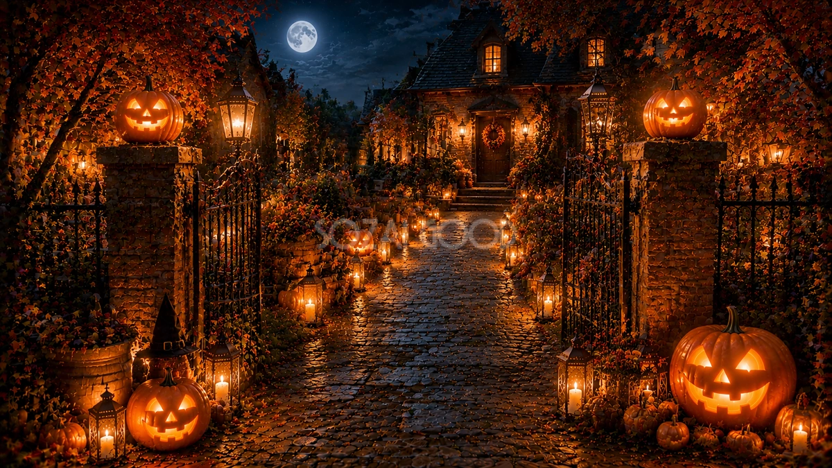ハロウィン夜の玄関アプローチ背景【無料・高画質PNG】94116