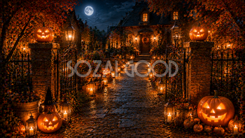 ハロウィン夜の玄関アプローチ背景【無料・高画質PNG】94116
