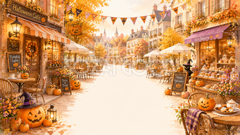 ハロウィンカフェ街並み背景素材【無料・高画質PNG】秋のカフェタウン94121