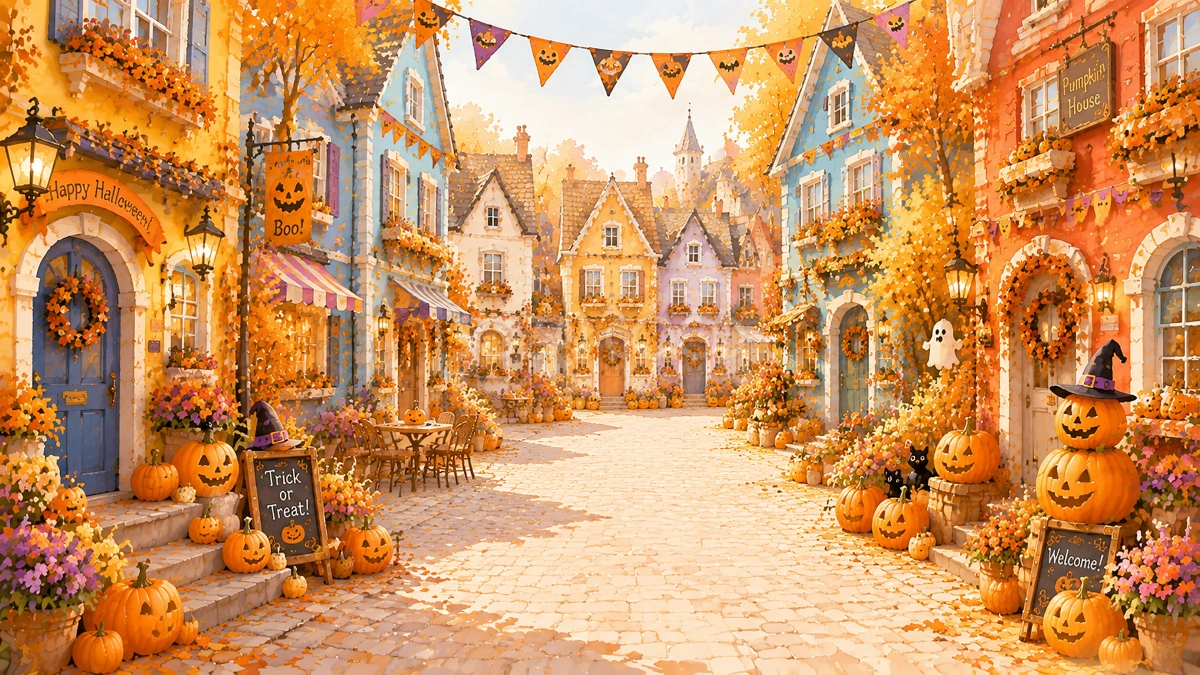 カラフルなハロウィン街並み背景素材【無料・高画質PNG】秋の住宅街94122