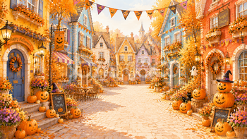 カラフルなハロウィン街並み背景素材【無料・高画質PNG】秋の住宅街94122