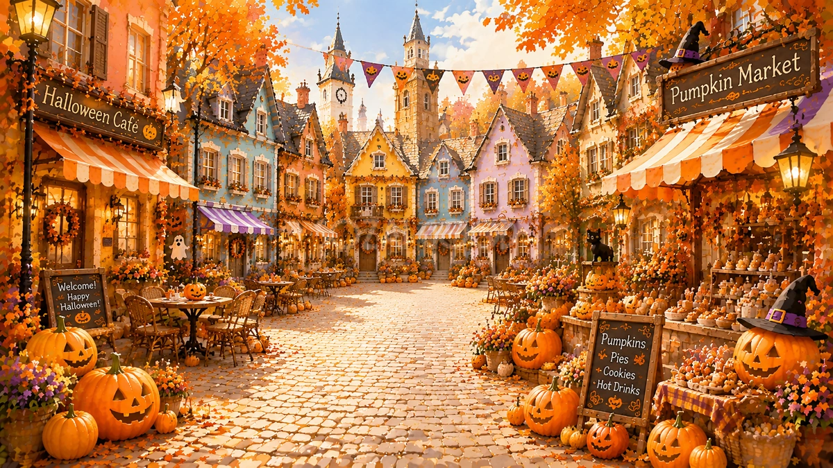 ハロウィンマーケット背景素材【無料・高画質PNG】パンプキン広場94123
