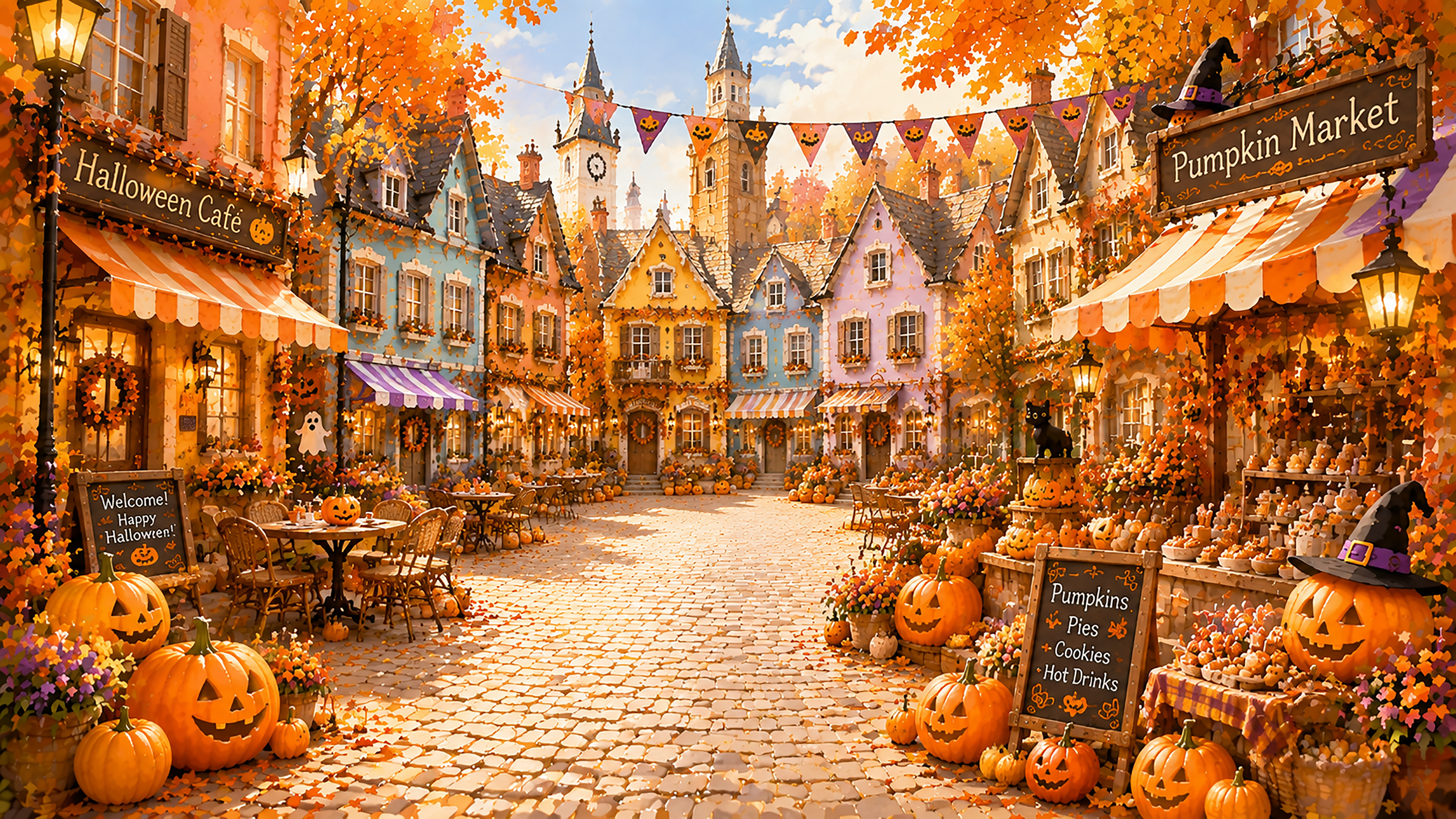 ハロウィンマーケット背景素材【無料・高画質PNG】パンプキン広場94123に写真・文字を入れる