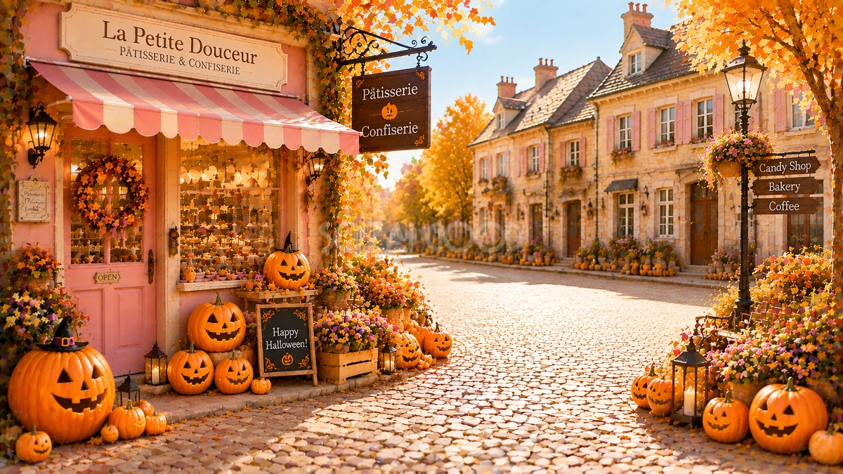 ハロウィンのお菓子屋さん背景素材【無料・高画質PNG】可愛い洋菓子店94124