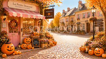 ハロウィンのお菓子屋さん背景素材【無料・高画質PNG】可愛い洋菓子店94124