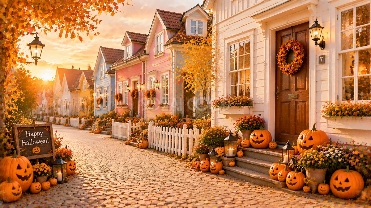 北欧風ハロウィン住宅街背景素材【無料・高画質PNG】秋の街並み94126
