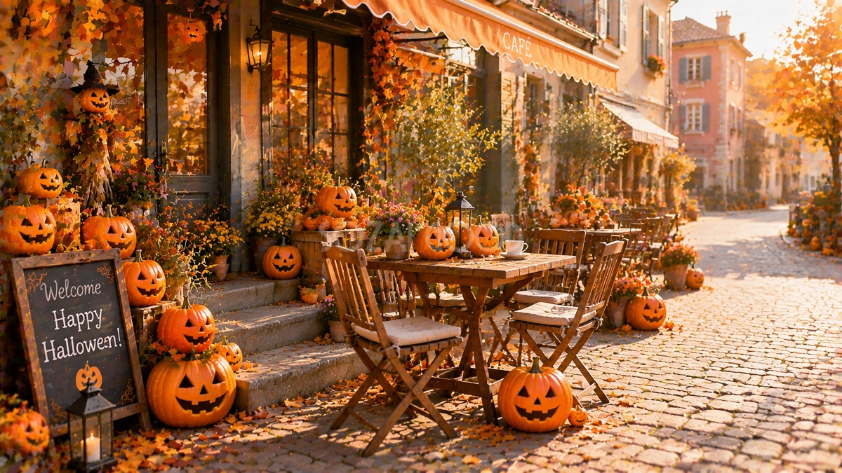 ハロウィンカフェテラス背景素材【無料・高画質PNG】秋のおしゃれ空間94127