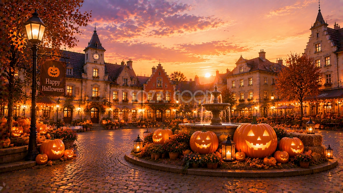 プレミアムハロウィン街並み背景素材【無料・高画質PNG】海外タウン94131