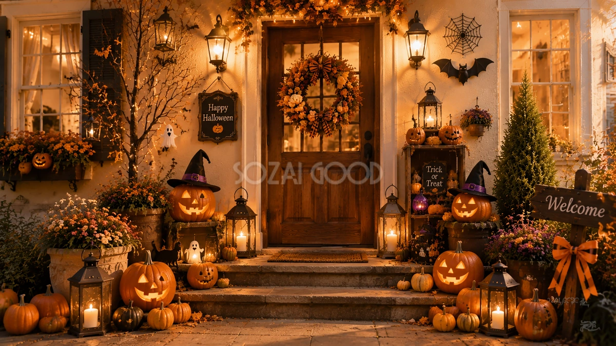 ハロウィン玄関インテリア背景素材|パンプキンと秋リースの可愛い玄関【無料・高画質PNG】94133