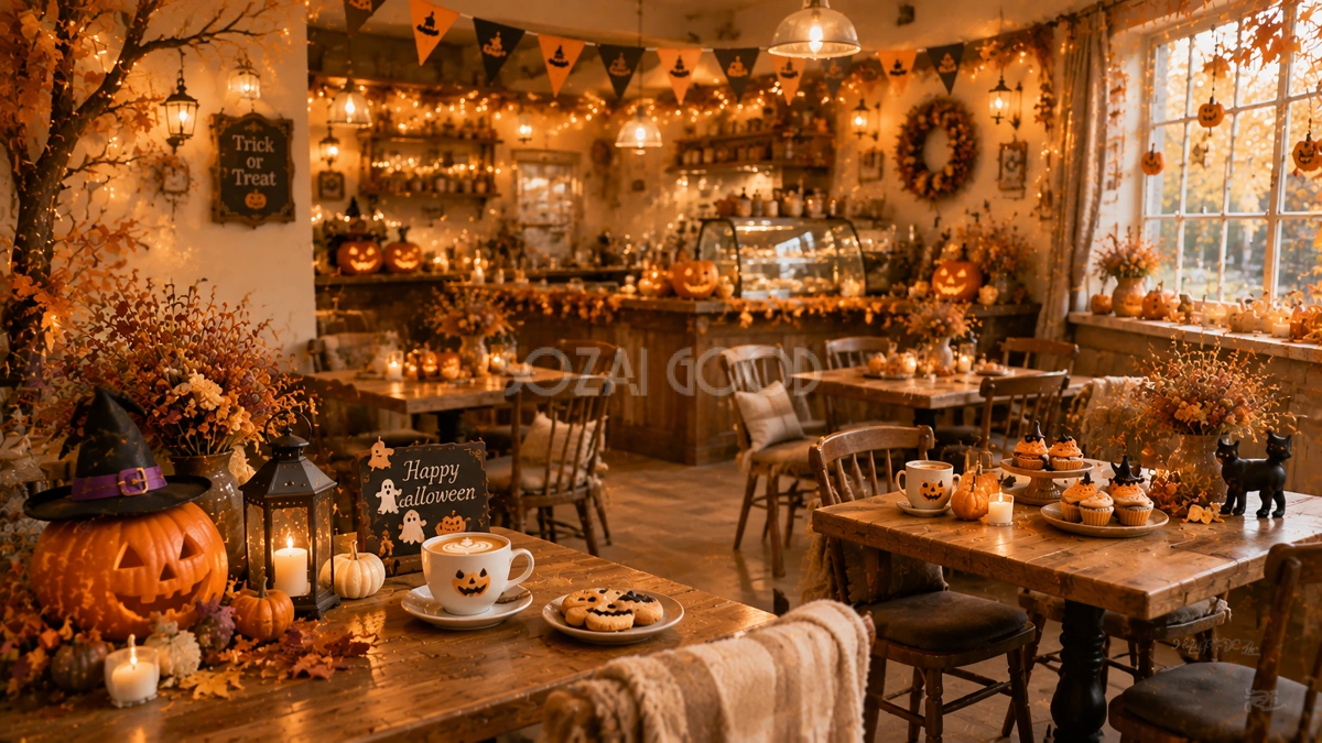 ハロウィンカフェ背景素材|パンプキンラテと秋色インテリアの店内風景【無料・高画質PNG】94136