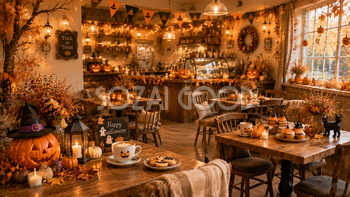 ハロウィンカフェ背景素材｜パンプキンラテと秋色インテリアの店内風景【無料・高画質PNG】94136