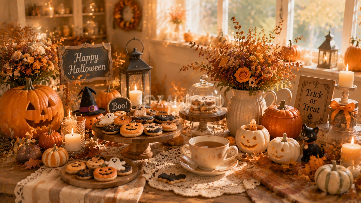 ハロウィンティーテーブル背景素材|焼き菓子とパンプキンの秋カフェ風背景【無料・高画質PNG】94137