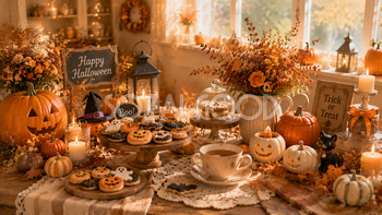 ハロウィンティーテーブル背景素材｜焼き菓子とパンプキンの秋カフェ風背景【無料・高画質PNG】94137