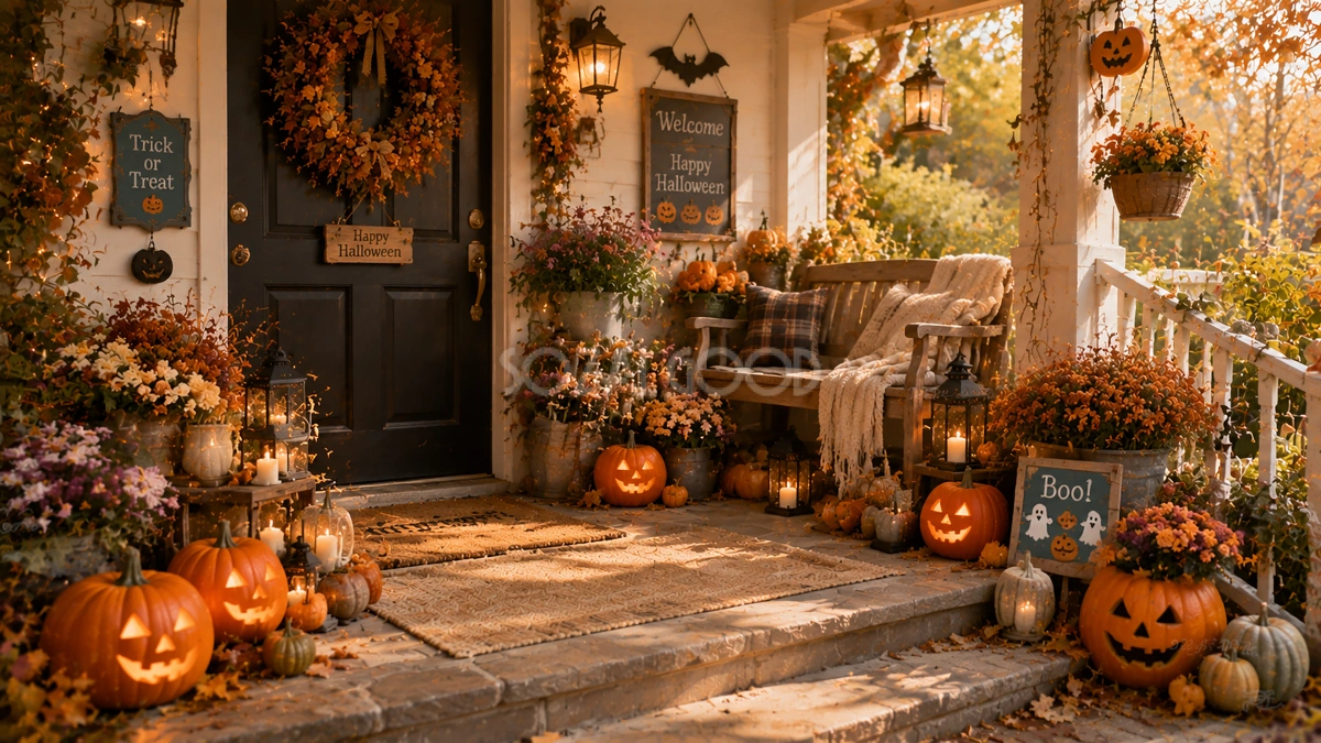 ハロウィン玄関ポーチ背景素材|花とパンプキンの可愛い秋エントランス【無料・高画質PNG】94138