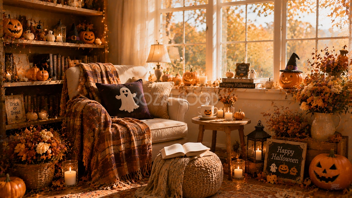 ハロウィン読書スペース背景素材|本とコーヒーの秋時間を楽しむ部屋【無料・高画質PNG】94140
