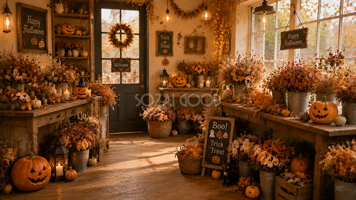 ハロウィン花屋背景素材|秋の花とパンプキンが彩る可愛いショップ風景【無料・高画質PNG】94141